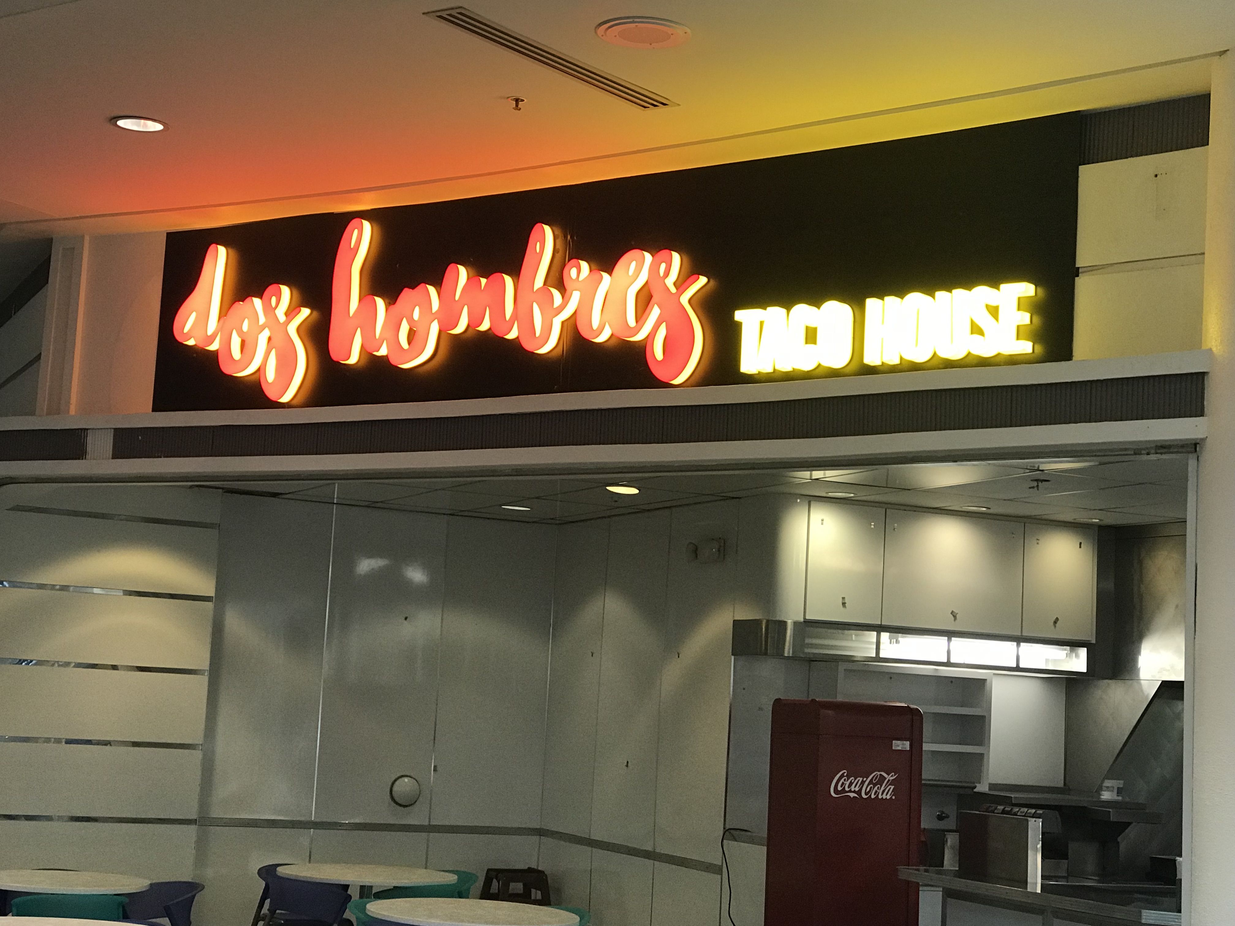 Storefront Sign, Illuminated, Acrylic, Dimensional, Face and Side lit Letters for Dos Hombres in Circle Center Mall Indianapolis