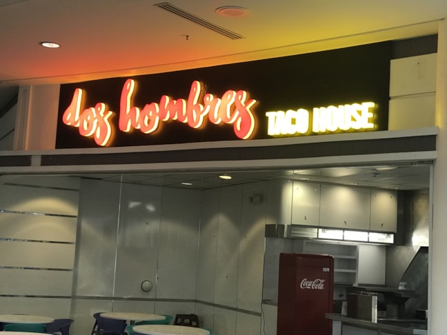 Storefront Sign, Illuminated, Acrylic, Dimensional, Face and Side lit Letters for Dos Hombres in Circle Center Mall Indianapolis