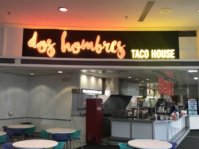 Storefront Sign, Illuminated, Acrylic, Dimensional, Face and Side lit Letters for Dos Hombres in Circle Center Mall Indianapolis