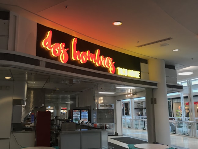 Storefront Sign, Illuminated, Acrylic, Dimensional, Face and Side lit Letters for Dos Hombres in Circle Center Mall Indianapolis