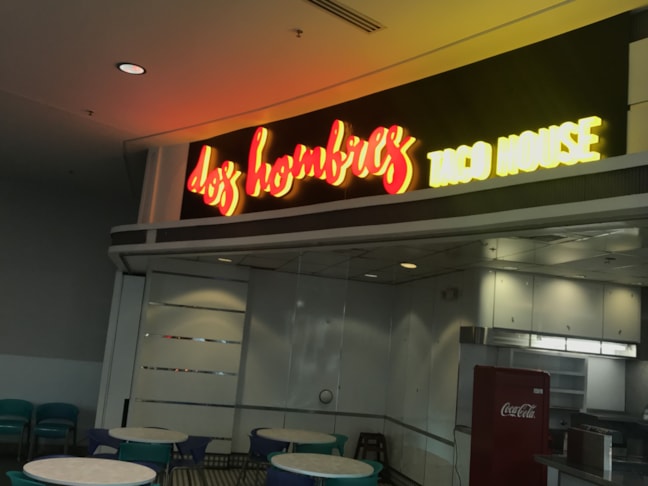 Storefront Sign, Illuminated, Acrylic, Dimensional, Face and Side lit Letters for Dos Hombres in Circle Center Mall Indianapolis