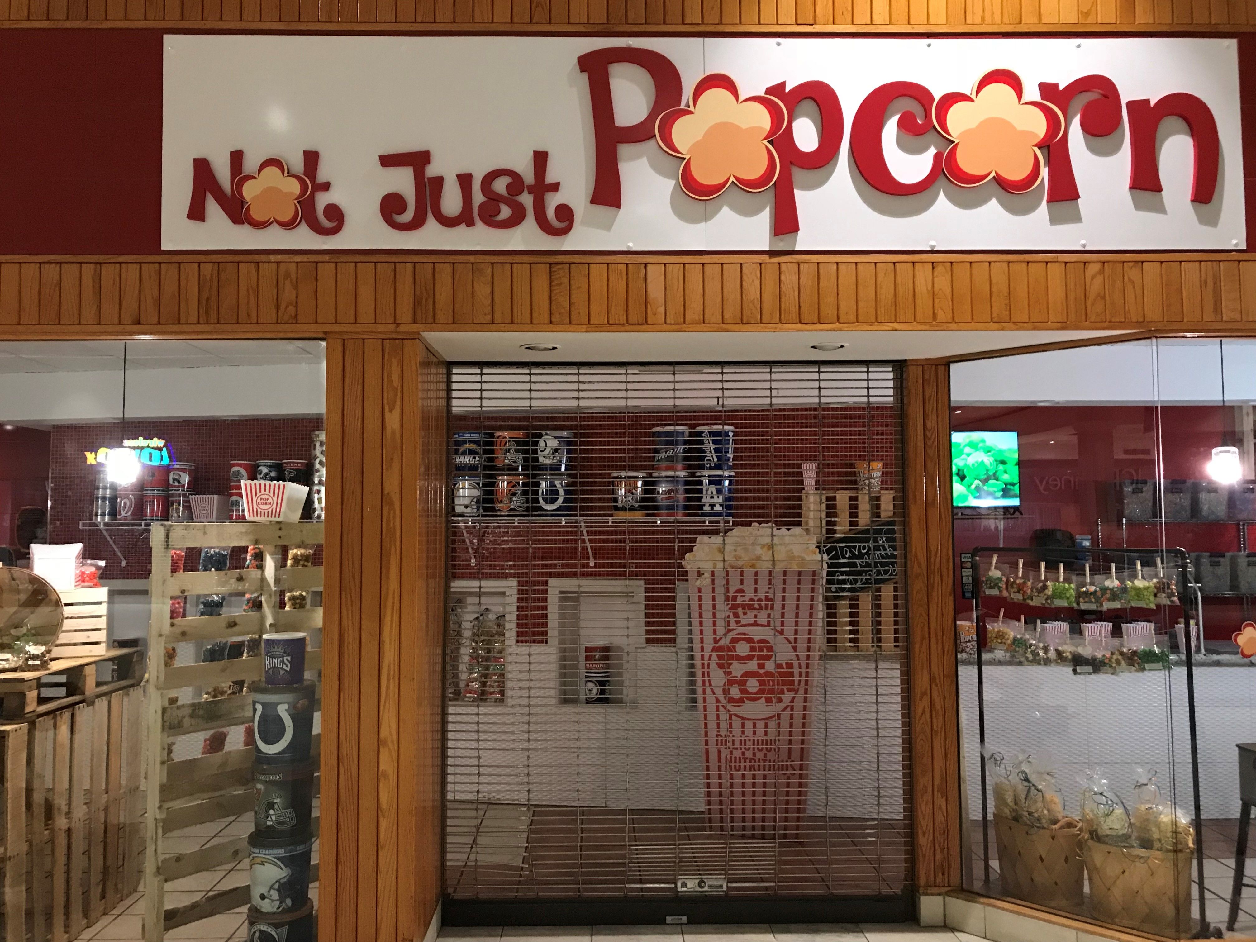 Dimensiaonal Storefront Signage for Not Just Popcorn in Greenwood Park Mall, Greenwood, IN