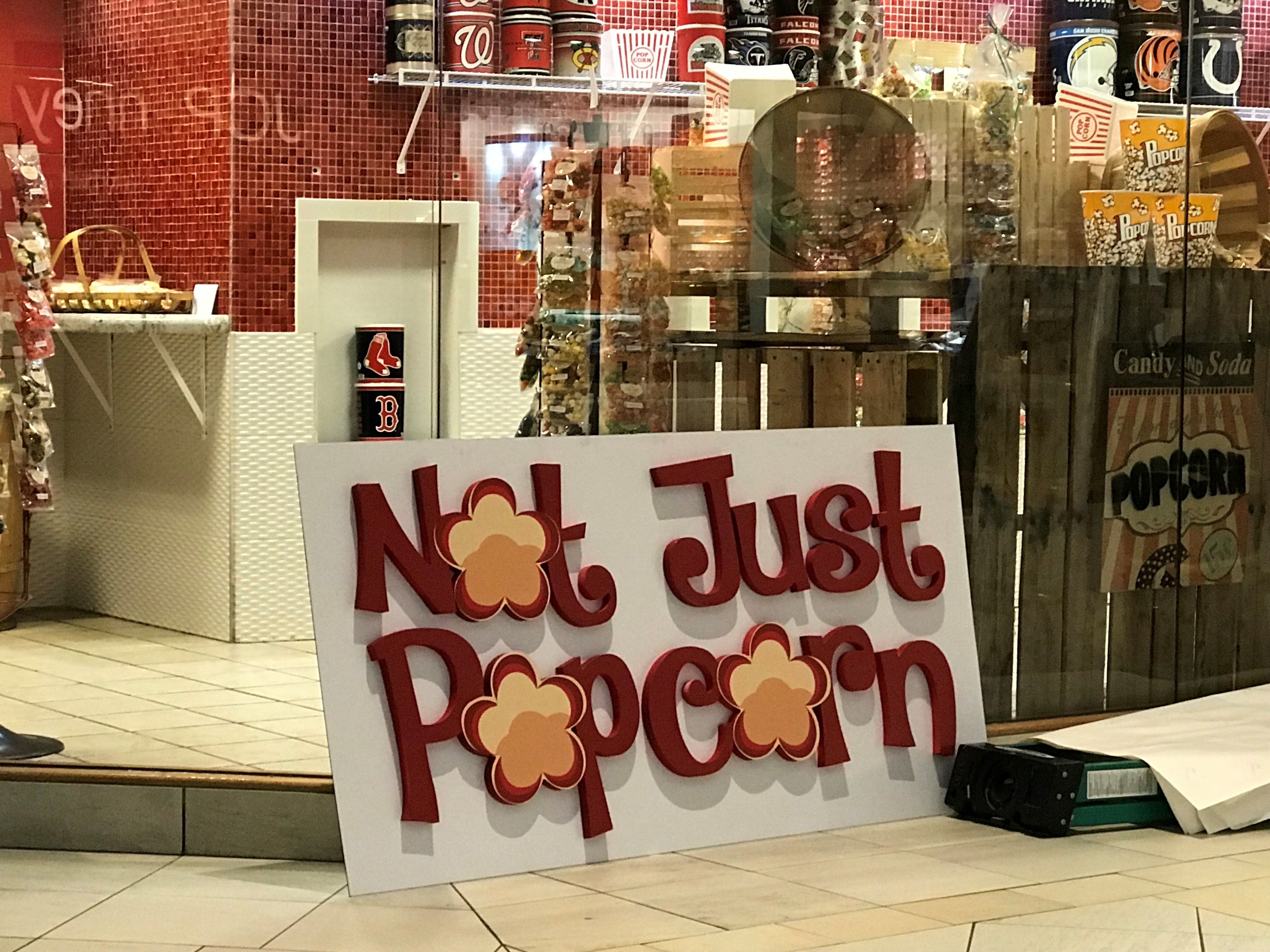Dimensiaonal Storefront Signage for Not Just Popcorn in Greenwood Park Mall, Greenwood, IN