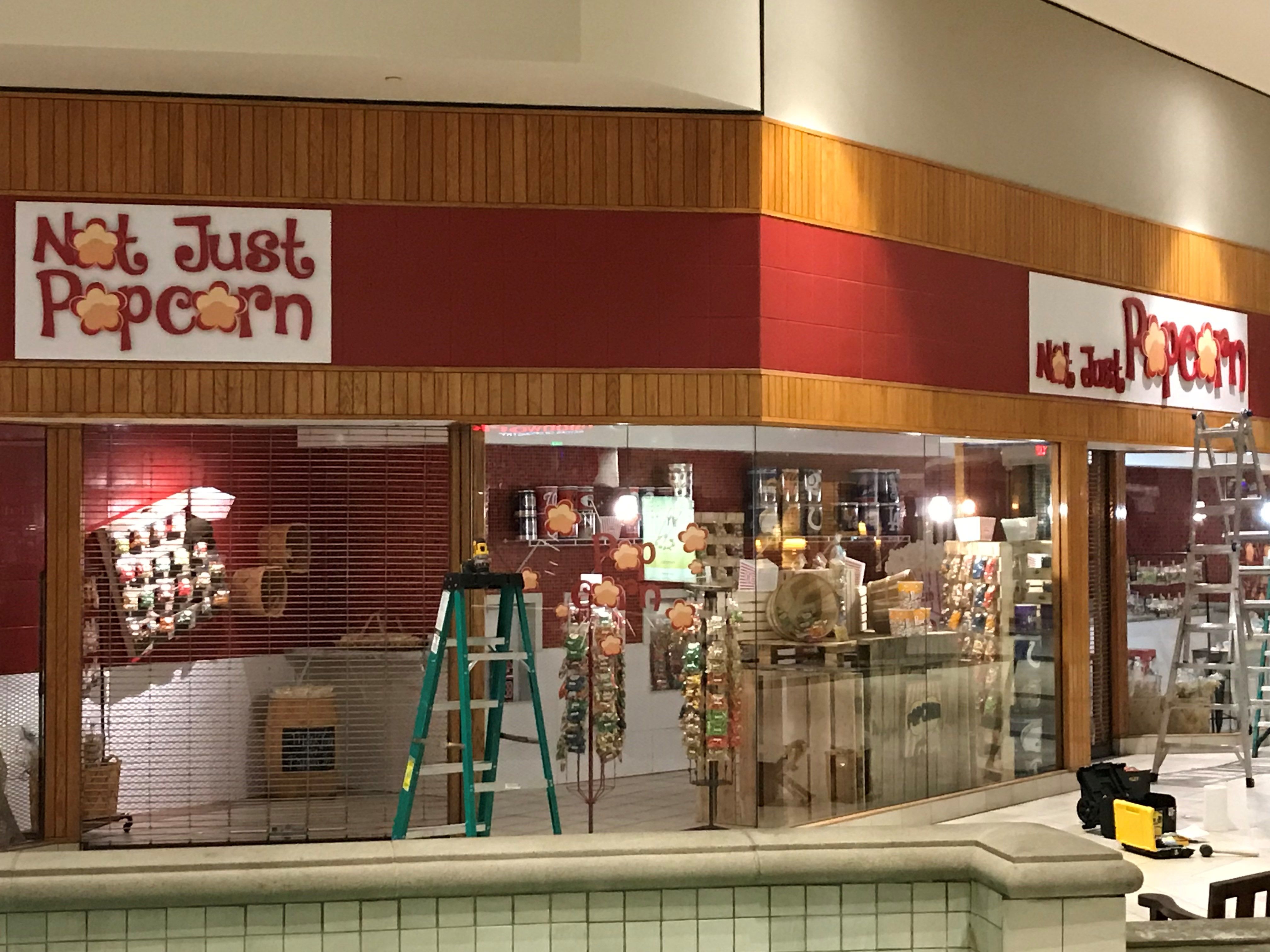 Dimensiaonal Storefront Signage for Not Just Popcorn in Greenwood Park Mall, Greenwood, IN
