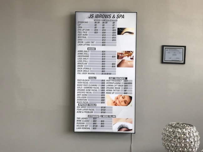 LED Lighted Cabinet Price List for JS ibrows & spa in Indianapolis,IN