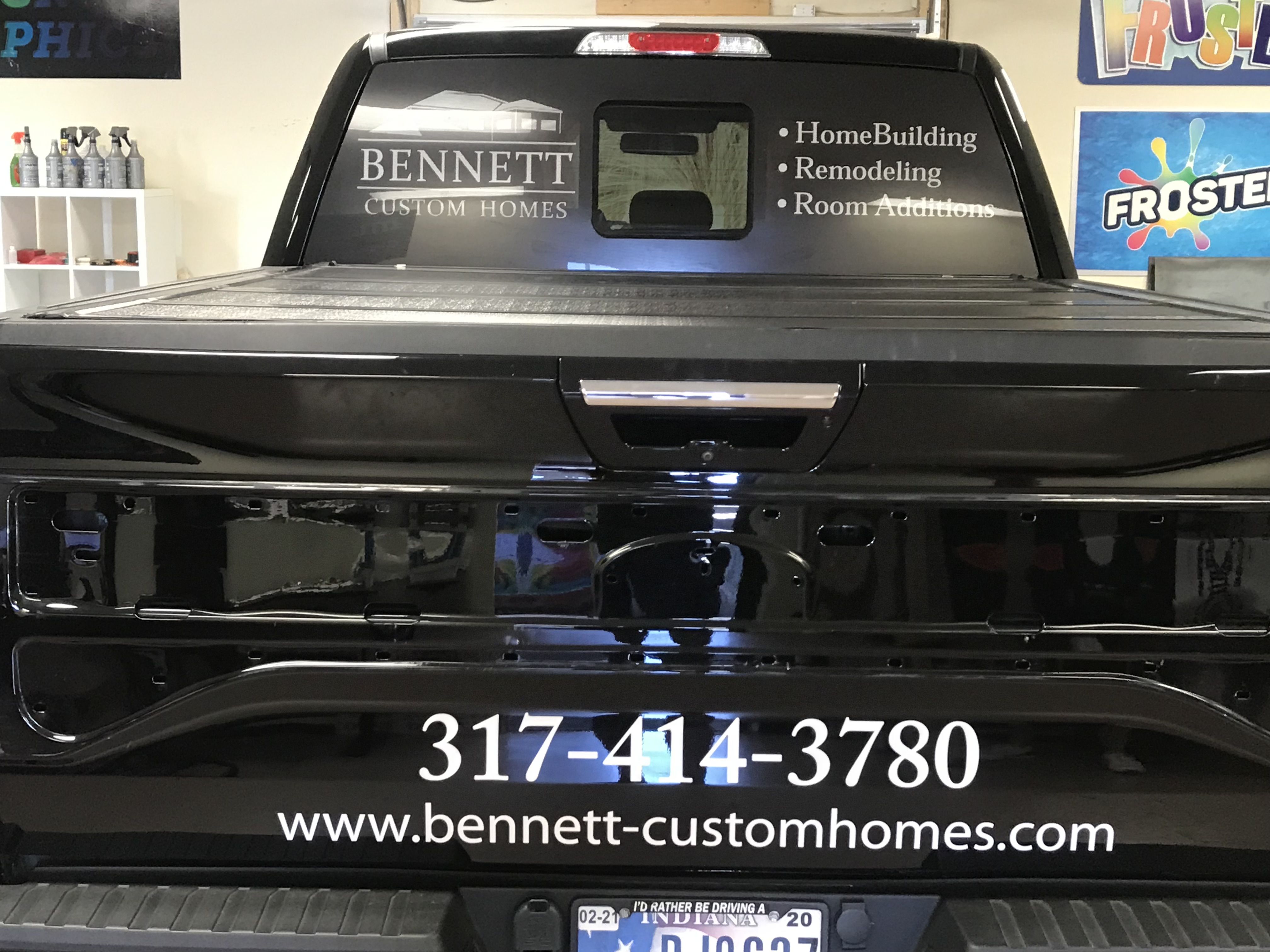 Back window wrap and lettering, decals for Bennett Custom Homes in Indianapolis
