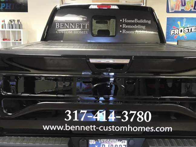 Back window wrap and lettering, decals for Bennett Custom Homes in Indianapolis