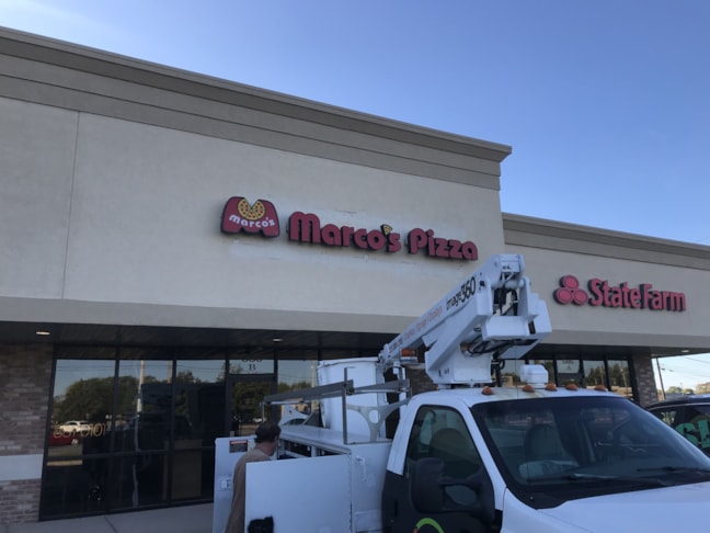 Exterior Building Sign, Illuminated Channel Letters for Marco Pizza in Greenwood, IN
