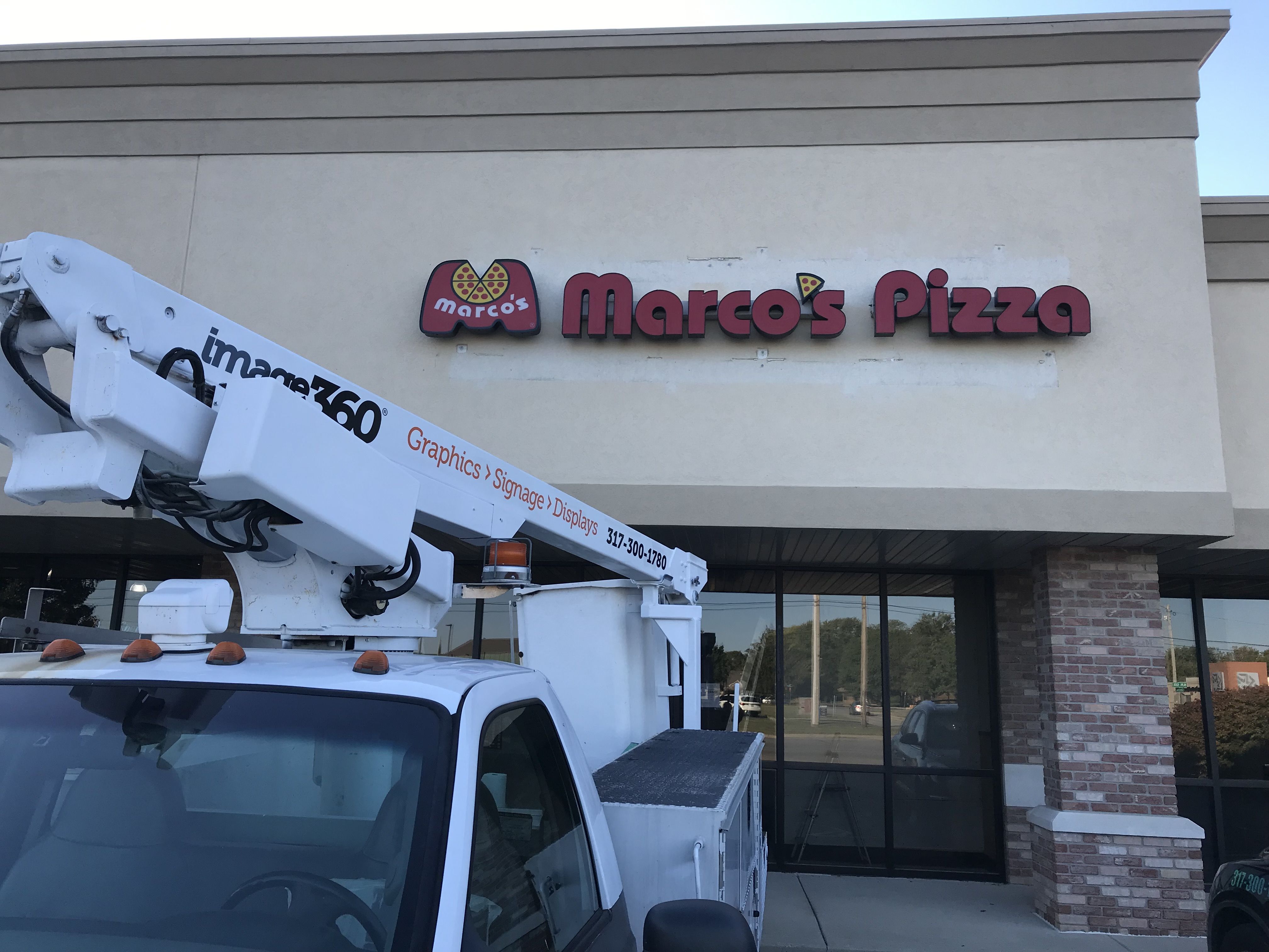 Exterior Building Sign, Illuminated Channel Letters for Marco Pizza in Greenwood, IN