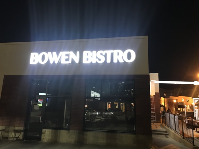 Exterior Building Sign, Illuminated Channel Letters for Bowen Bistro in Lafayette, IN
