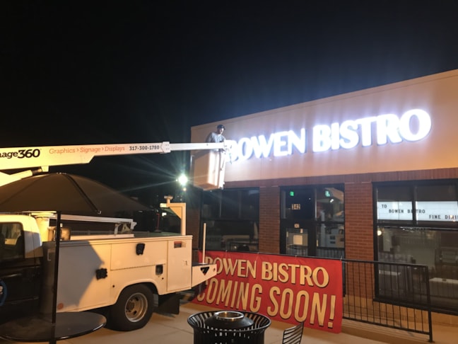 Exterior Building Sign, Illuminated Channel Letters for Bowen Bistro in Lafayette, IN