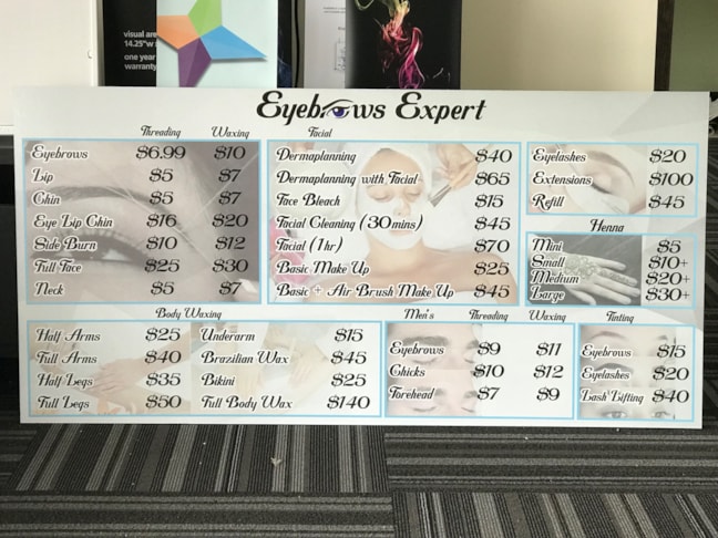 Price List Board for Eyebrow Experts in Indianapolis,IN