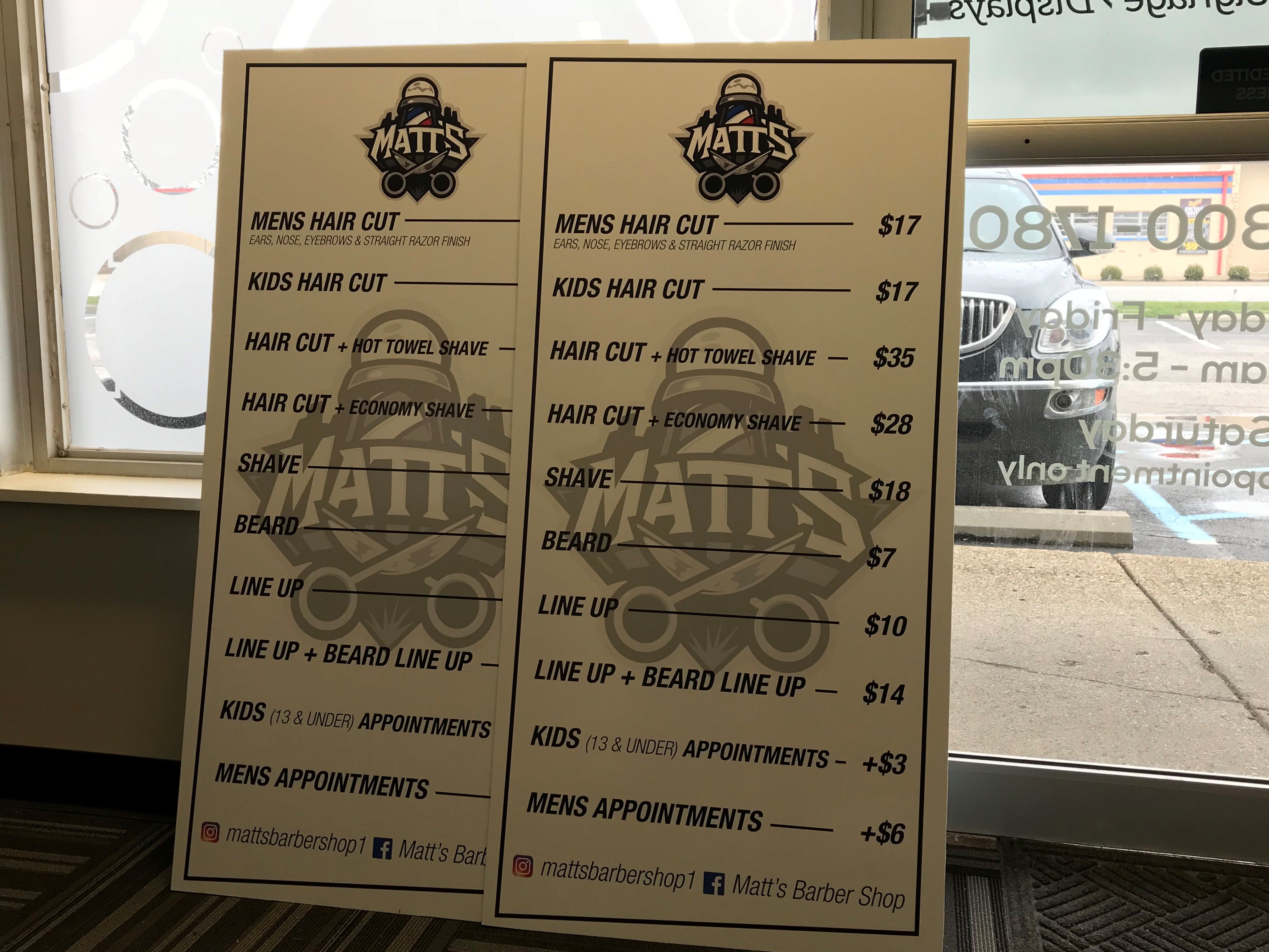 Matts Barber Shop Price List Board in Greenwood,IN