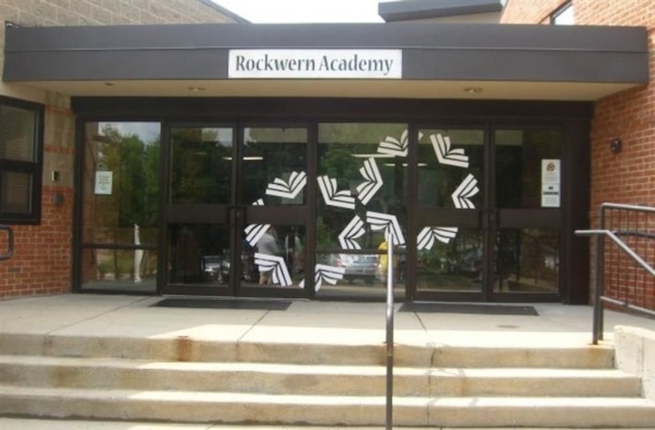 Window treatments using cut vinyl provides creative solutiions & images.  (Cut vinyl by Signs Now Cincinnati for Rockwern Academy, Cincinnati, OH)
