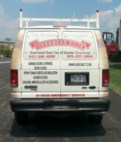 Van wrap with red reflective vinyl by Signs Now Cincinnati for Overhead Door, Hamilton, OH.