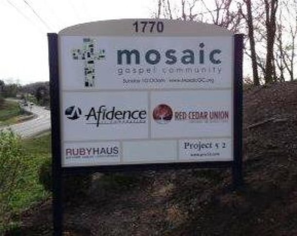 Hit the road with a custom post and panel sign!  (Custom post and panel sign by Signs Now Cincinnati for Mosaic Gospel Community, Lebanon, OH)