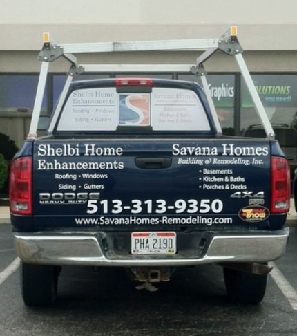 Turn your vehicle into a moving billboard with window graphics and vinyl lettering. (Vehicle graphics by Signs Now Cincinnati for Savana Homes, Loveland, OH)