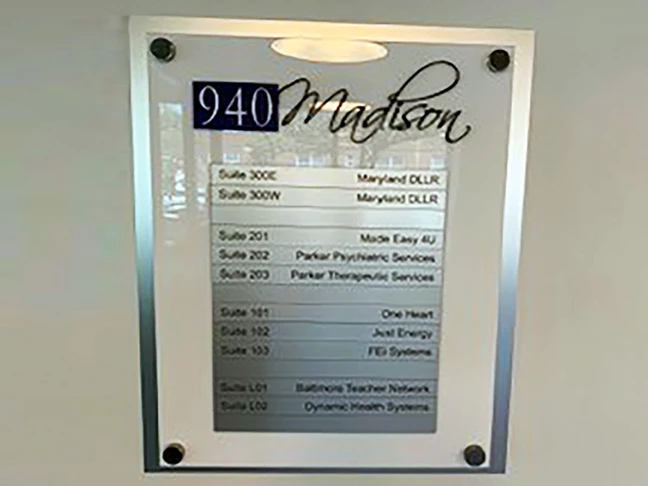 Interior Directory for 940 Madison Building in Baltimore, MD