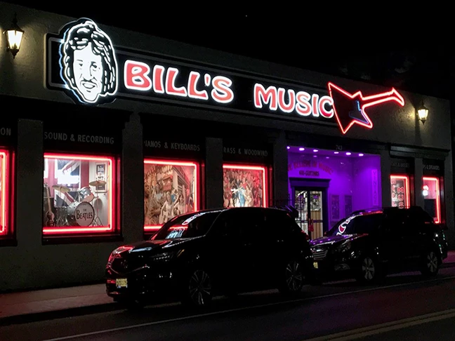 Illuminated channel letters for Bills Music in Catonsville, MD