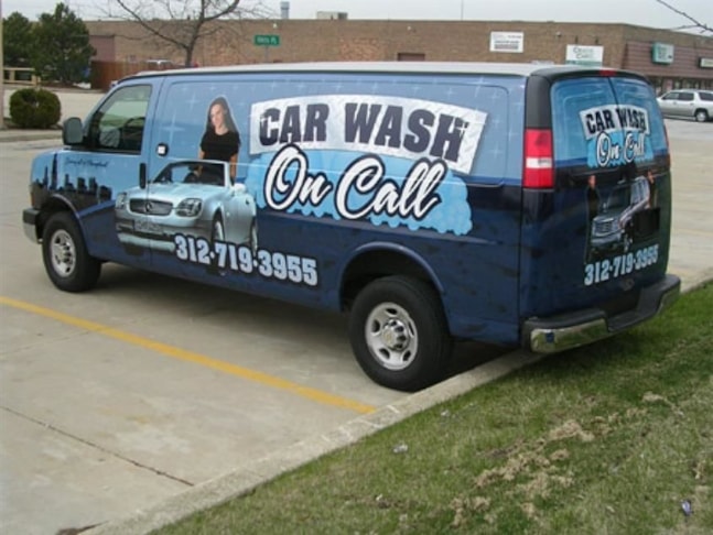 Digitally printed custom vehicle wrap advertisement for the On Call Car Wash
