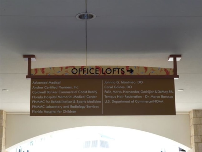 Hanging informational sign  for multi tenant office building