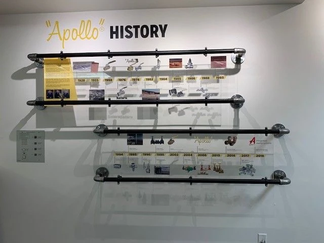 A company history wall lets your customers know just how far youve come and all your amazing accomplishments along the way.  Here is just one option utilizing the companys manufacturing product as part of the display. 