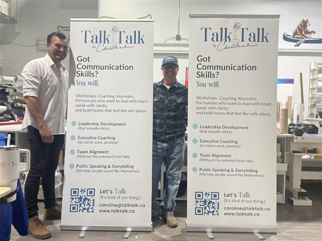 Banner Stands | Dan and Colz with the freshly printed banner stands for Talk Talk — a life coach dedicated to helping people master their communication skills.