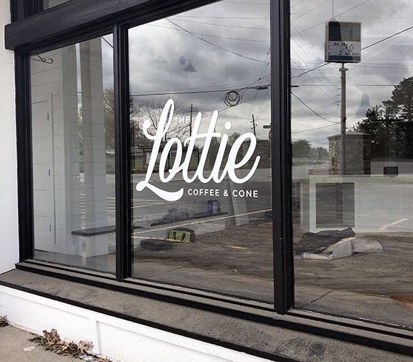 Cut White Vinyl Logo Window Graphic for The Lottie Coffee & Cone in Lake Lotawana, Missouri