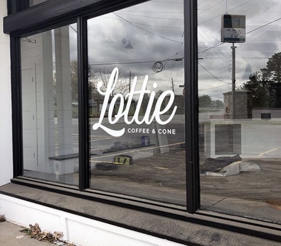 Cut White Vinyl Logo Window Graphic for The Lottie Coffee & Cone in Lake Lotawana, Missouri