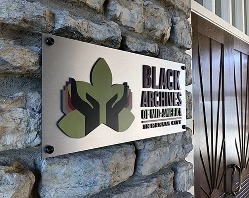 Interior Brushed Metal with Dimensional Acrylic and Black Standoffs for Black Archives of Mid-America in Kansas City, Missouri