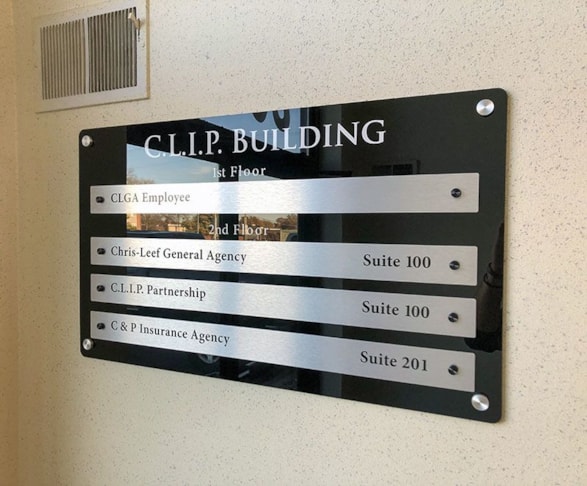 Interior Acrylic Directory Sign for Chris-Leef General Agency in Shawnee Mission, Kansas