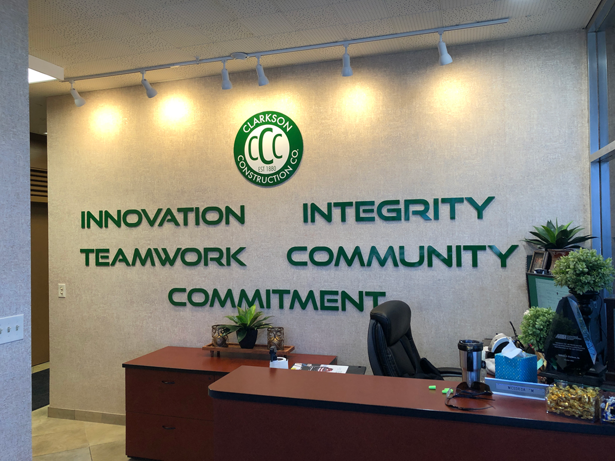3D Signs & Dimensional Letters & Logos | Dimensional Acrylic Letters and Logo for Clarkson Construction in Kansas City, Missouri | Acrylic