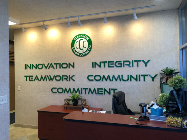 Dimensional Acrylic Letters and Logo for Clarkson Construction in Kansas City, Missouri