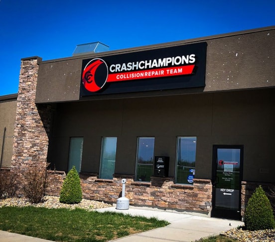 Exterior Illuminated Channel Letters on a Metal Pan for Crash Champions in Platte City, Missouri