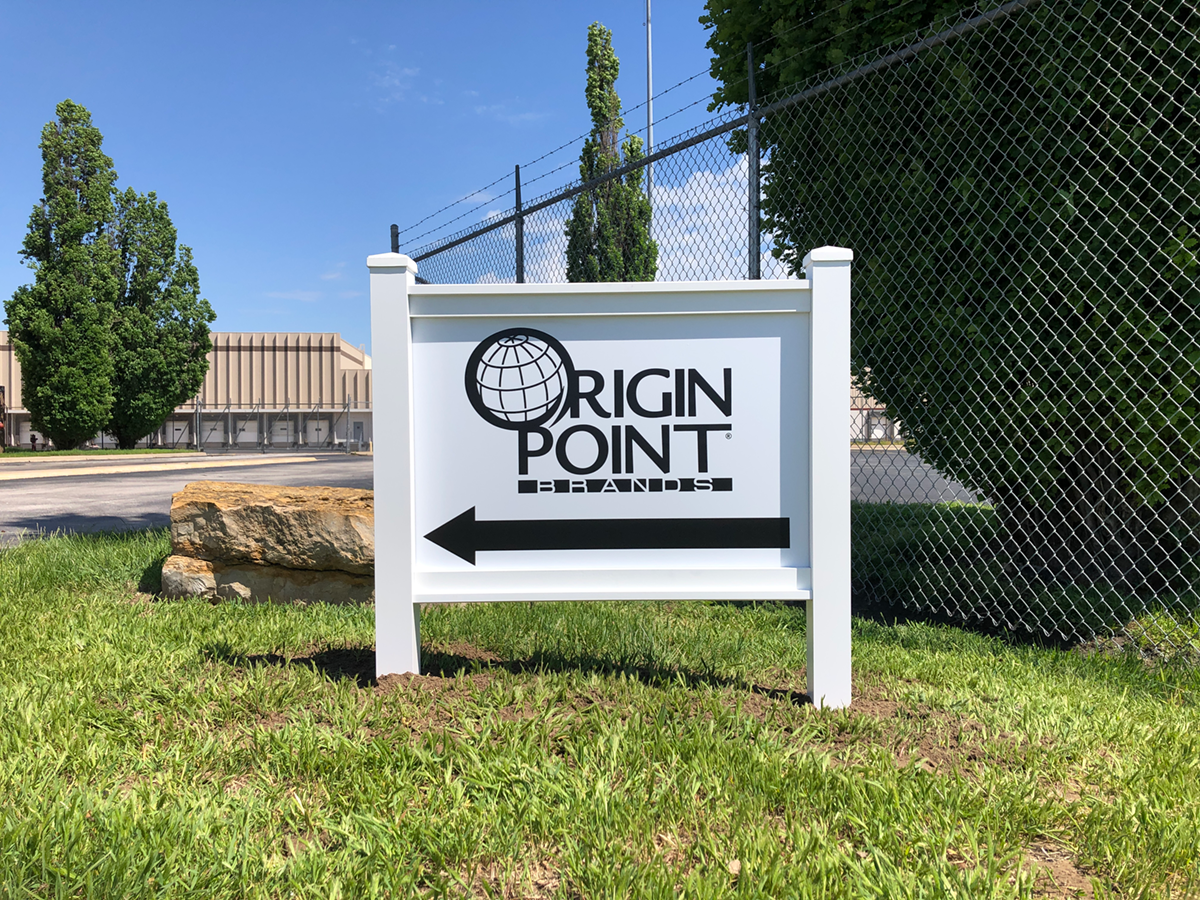 Outdoor Signage | Exterior Post and Panel Wayfinding Sign for Origin Point Brands in Kansas City, Kansas | Aluminum