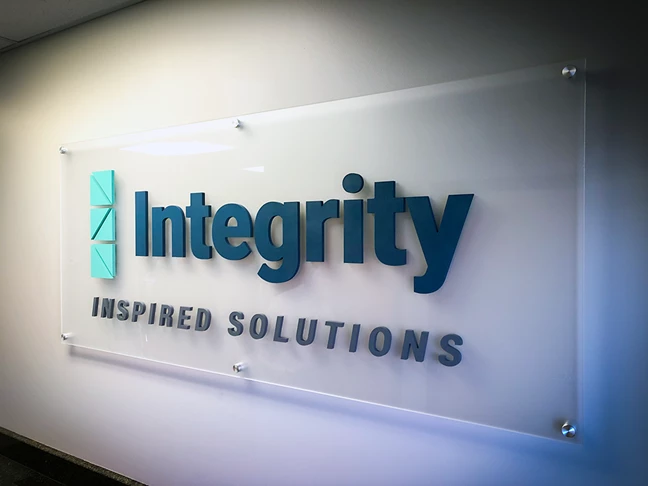 Interior Frosted Acrylic with Custom Painted Dimensional Logo for Integrity Inspired Solutions in Overland Park, Kansas