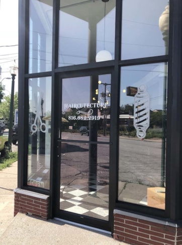 Frosted Window Decals for Haircutecture in Kansas City, Missouri