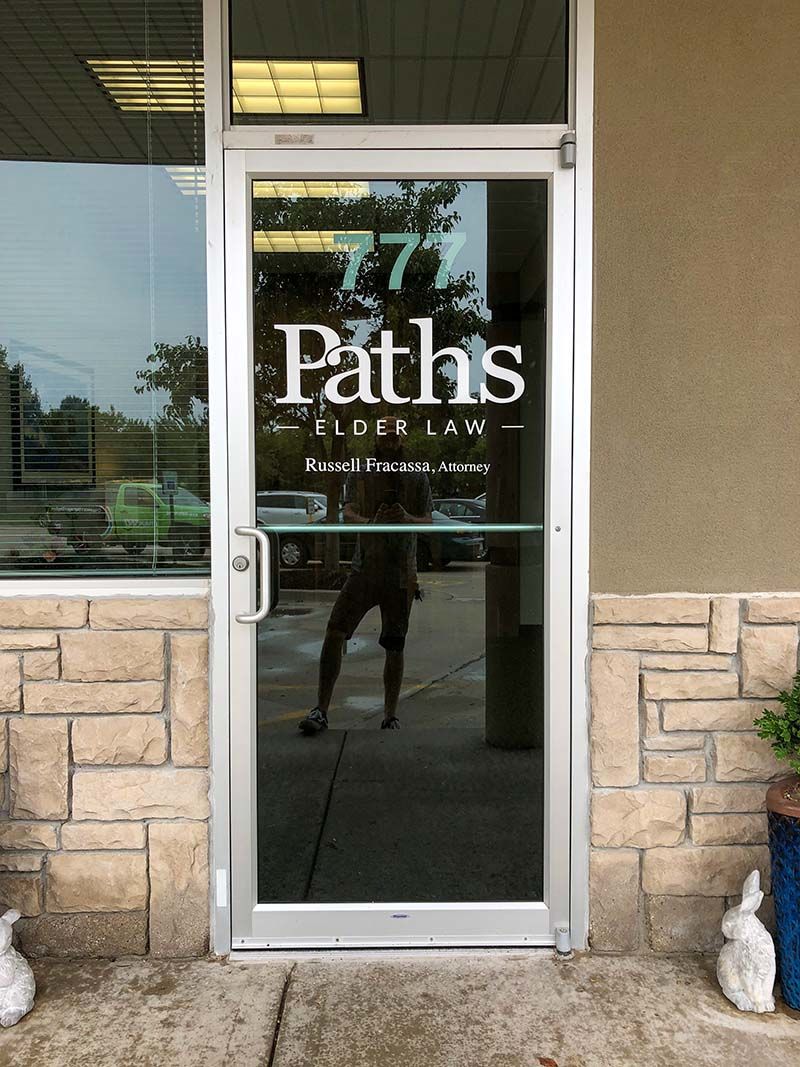 Cut White Vinyl Door Decal for Paths Elder Law in Lee