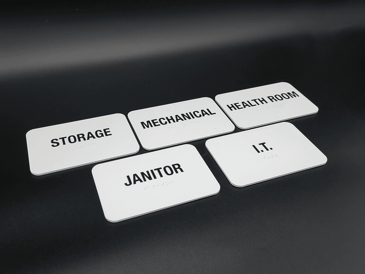 Interior ADA Braille Room Wayfinding Signs for David E. Ross Construction