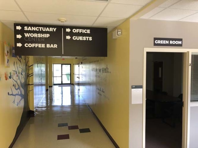 Interior Room Sign and Hanging Wayfinding Sign for Woods Chapel Church in Lees Summit, Missouri