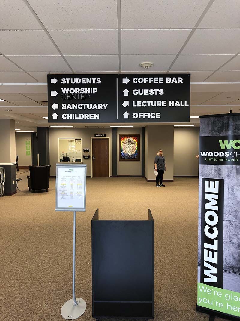 Interior Hanging Wayfinding Sign for Woods Chapel Church in Lee