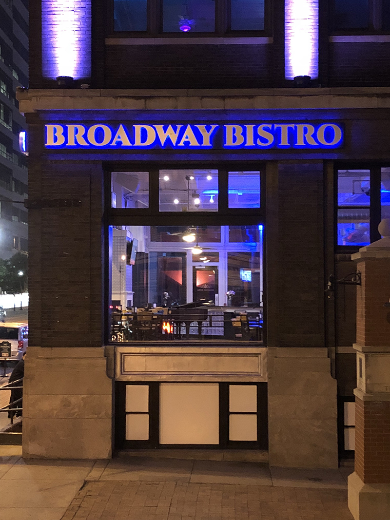 Halo-lit Aluminum Dimensional Letters on Raceway for Broadway Bistro in Kansas City, Missouri