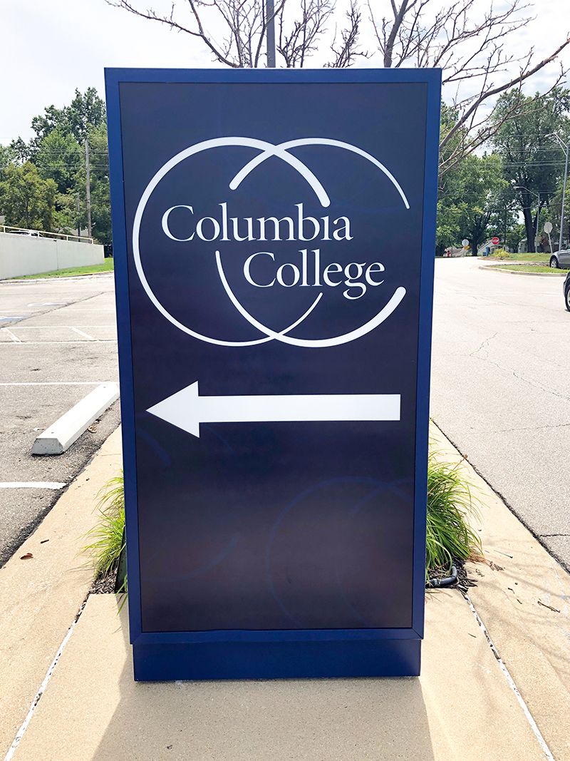 Exterior Illuminated Wayfinding Cabinet for Columbia College in Kansas City, Missouri