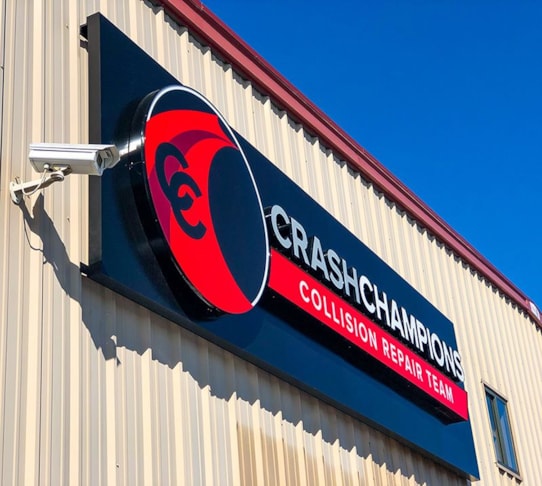 Exterior Illuminated Channel Letter Sign on Metal Pan for Crash Champions in Pleasant Valley, Missouri