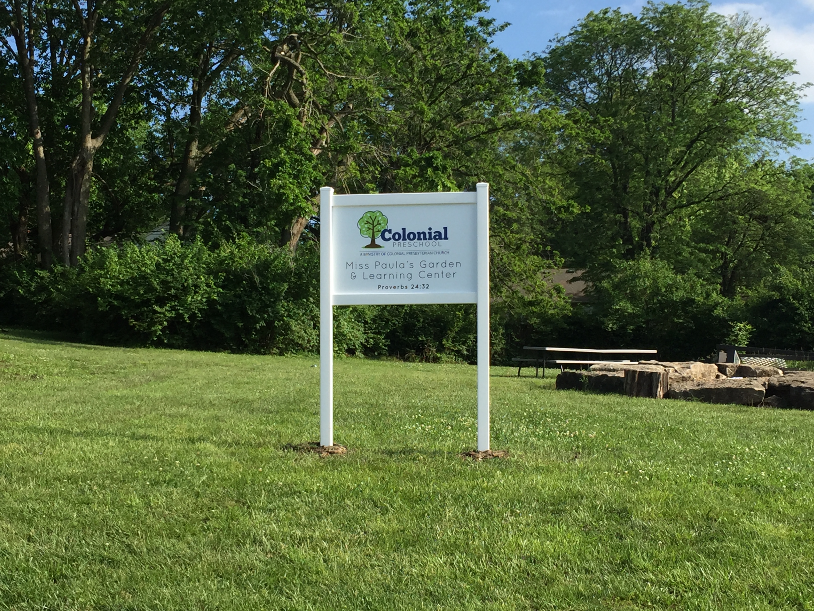 Exterior Vinyl Post and Panel Sign for Colonial Presbyterian Preschool in Kansas City, MO