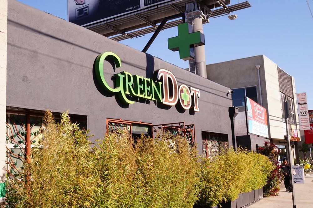 green dot marina del rey marijuana dispensary front and back lit channel letter sign illuminated installation