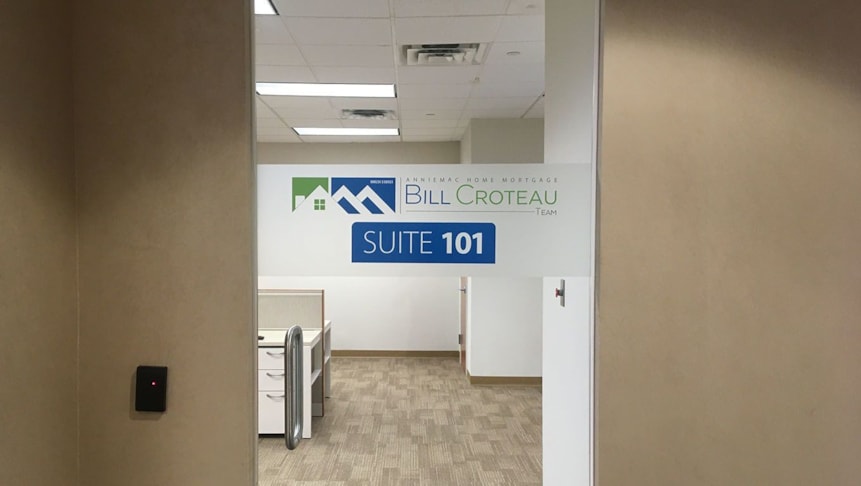 Vinyl glass door graphic for a new AnnieMac office location.
