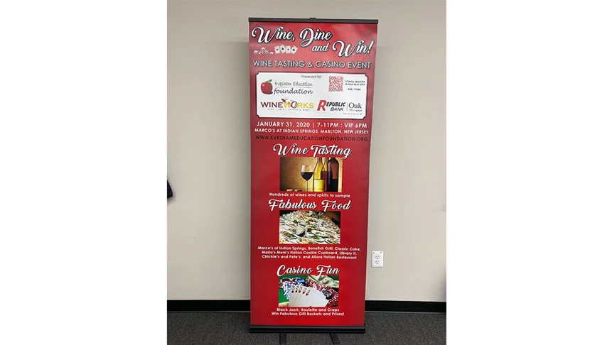 Retractable banner for Evesham Education Foundations Wine, Dine & Win annual fundraiser