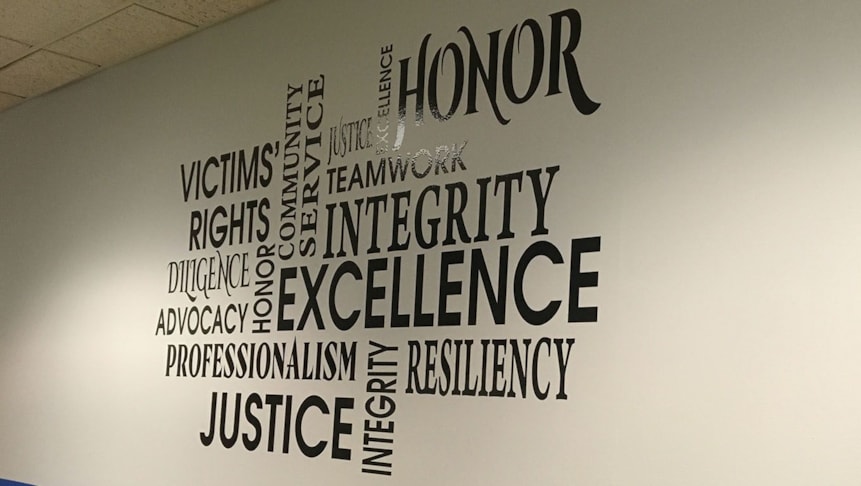 Word cloud in vinyl for Burlington County Prosecutors Office