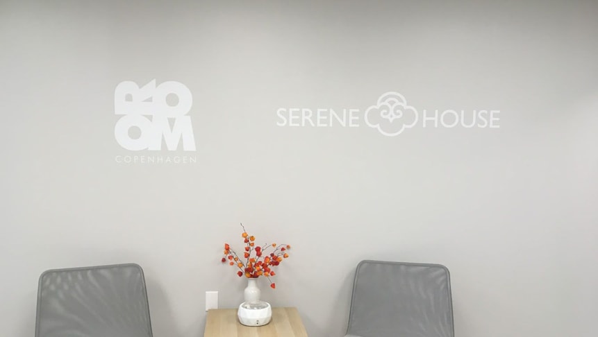 Wall graphic logos for Room Copenhagens and Serene Houses lobby.
